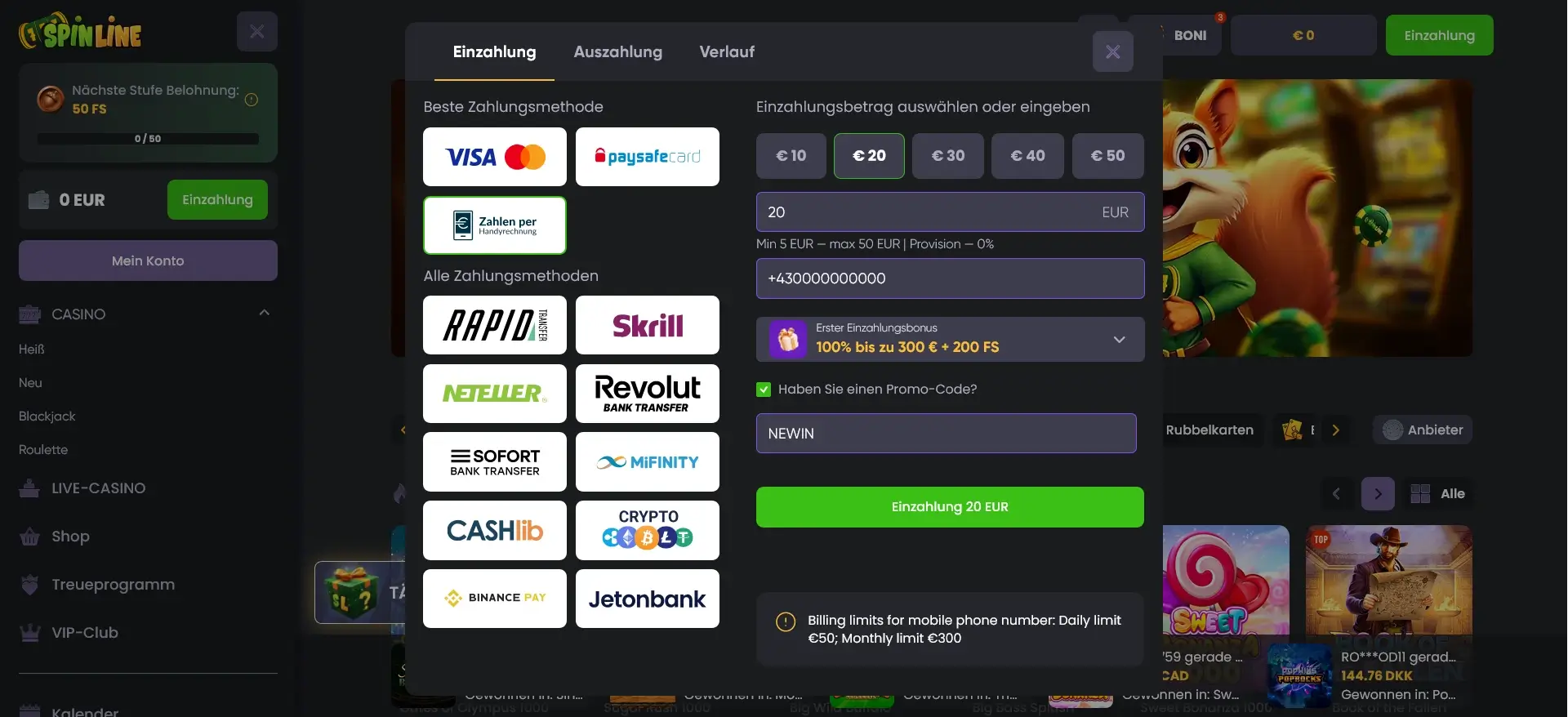 SpinLine Casino Zahlung über Handyrechnung