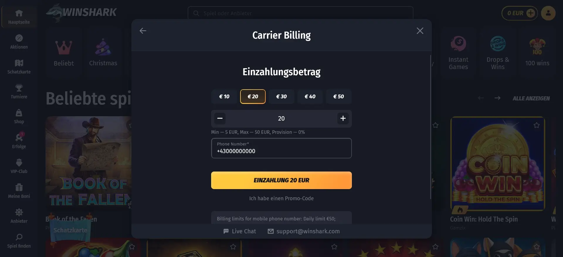 WinShark Casino mit Handyrechnung