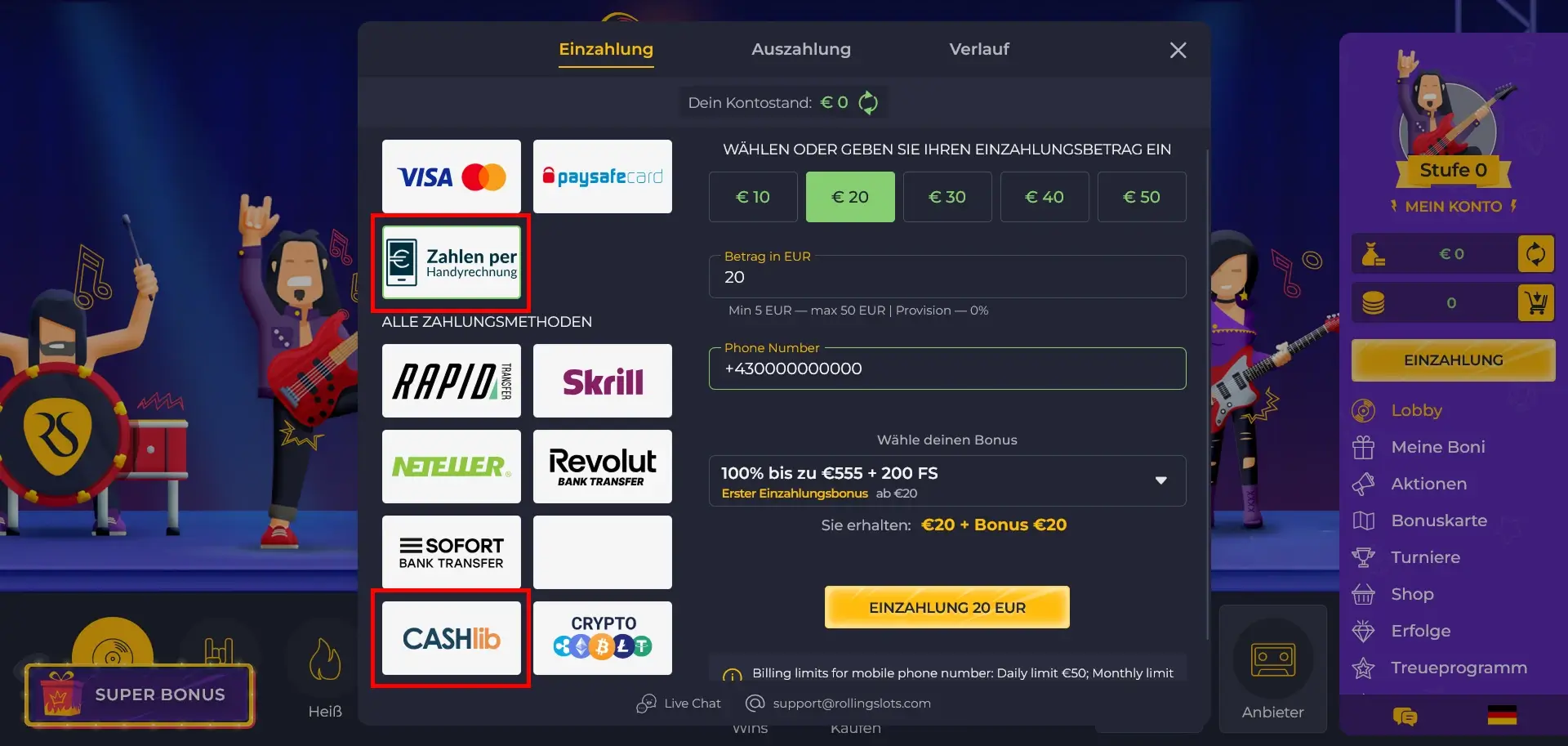 Rolling Slots Casino ab 5 Euro Einzahlung