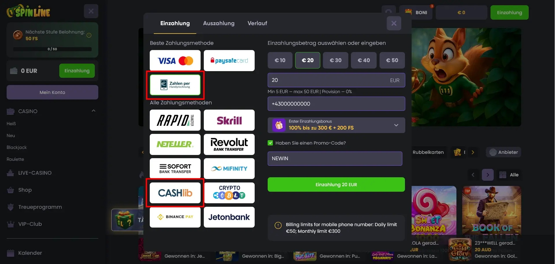 Spielstart im Spinline Casino mit 5 Euro