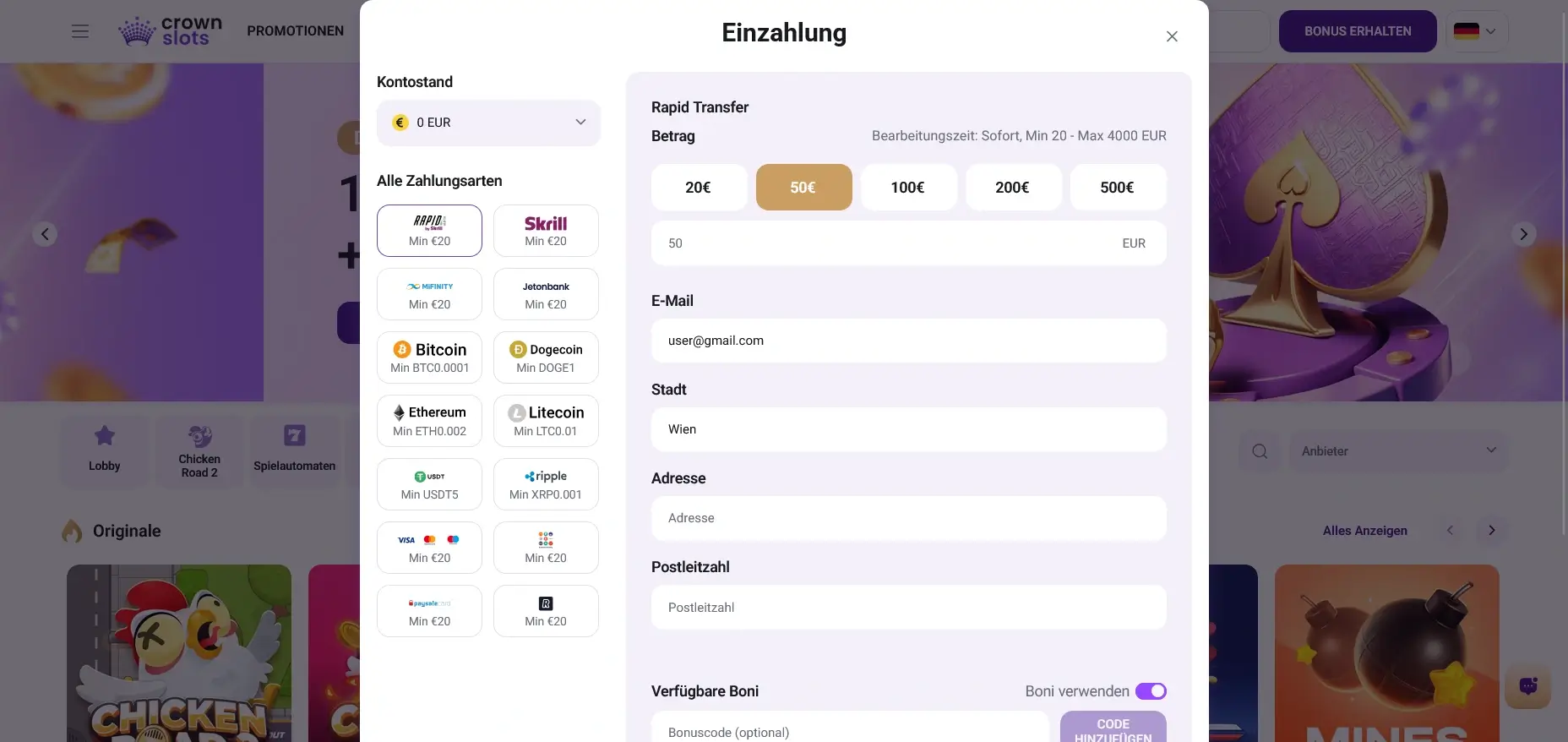 Auswahl CrownSlots Zahlungsmethoden