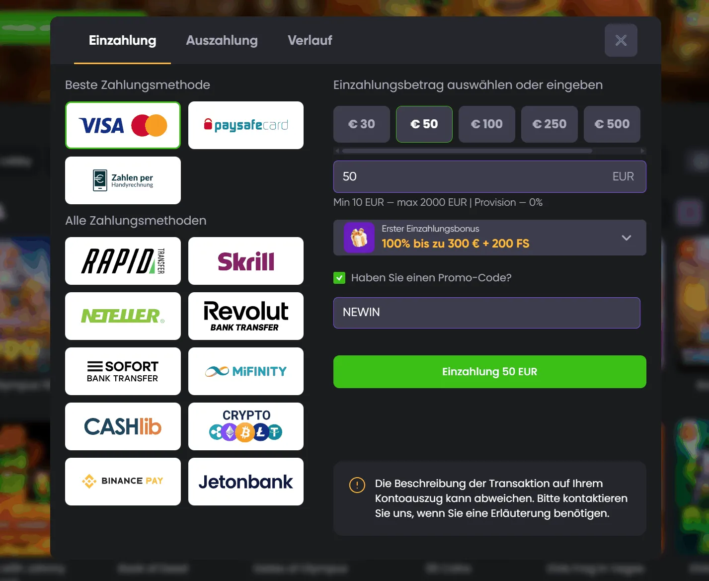 Übersicht Spinline Zahlungsmethoden