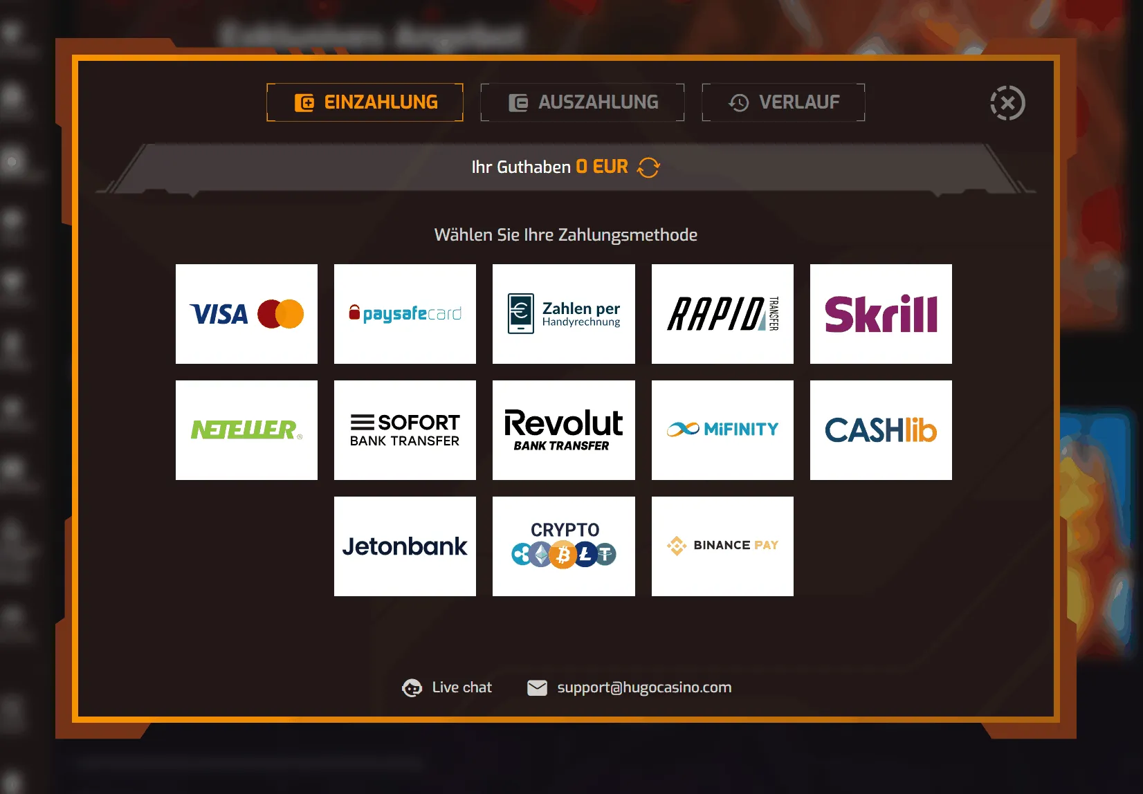 Zahlungsübersicht im Hugo Casino