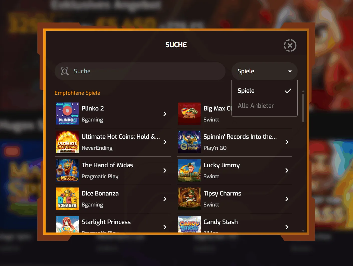 Suchfenster mit Hugo games Auswahl