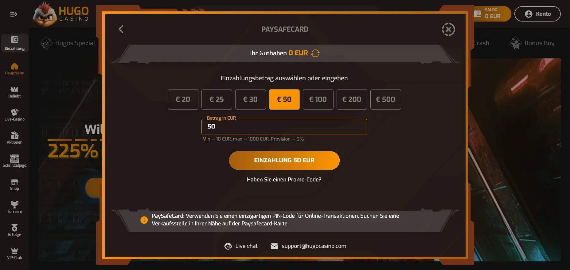 Paysafecard Einzahlung im Hugo Casino
