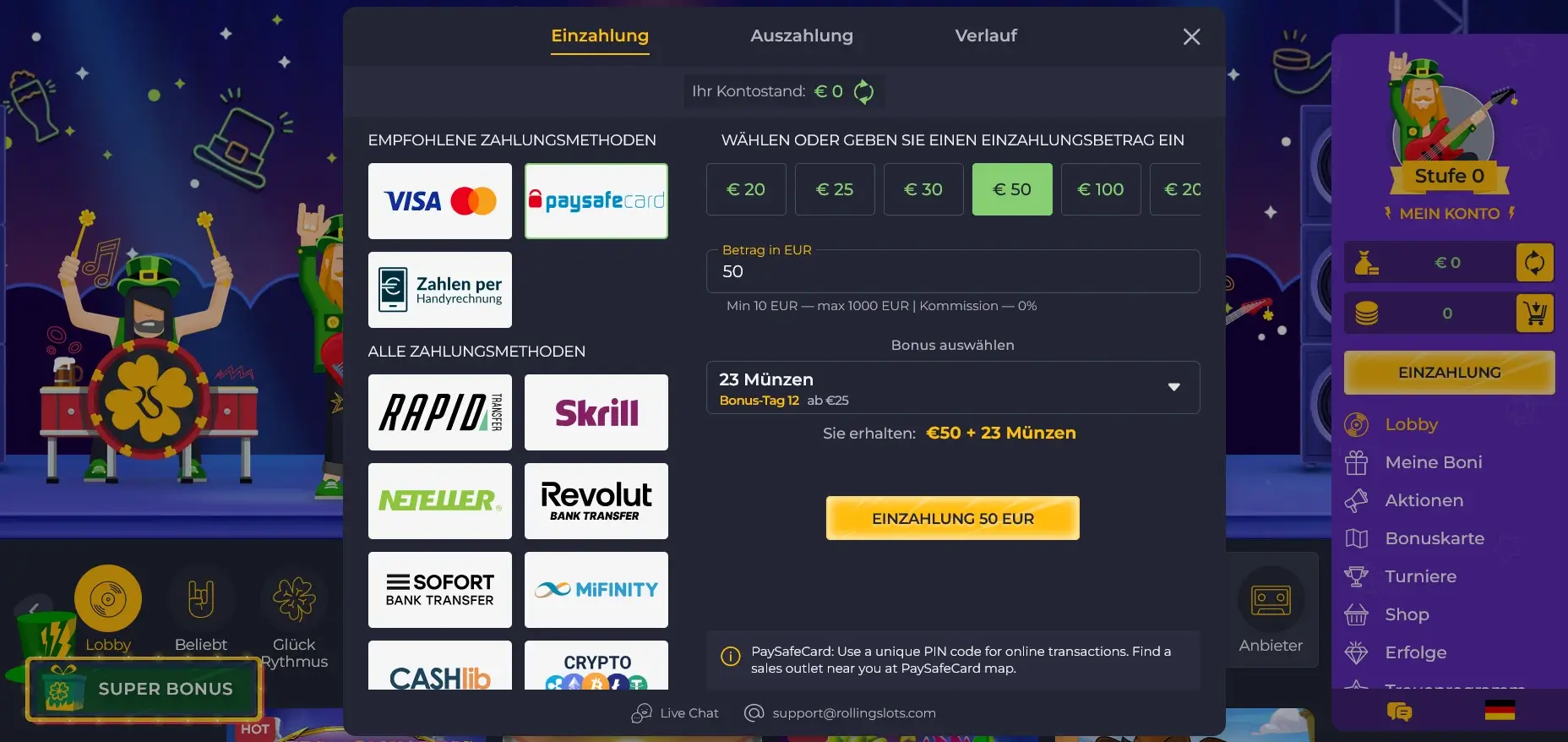 Paysafecard Casino Zahlung im Rolling Slots