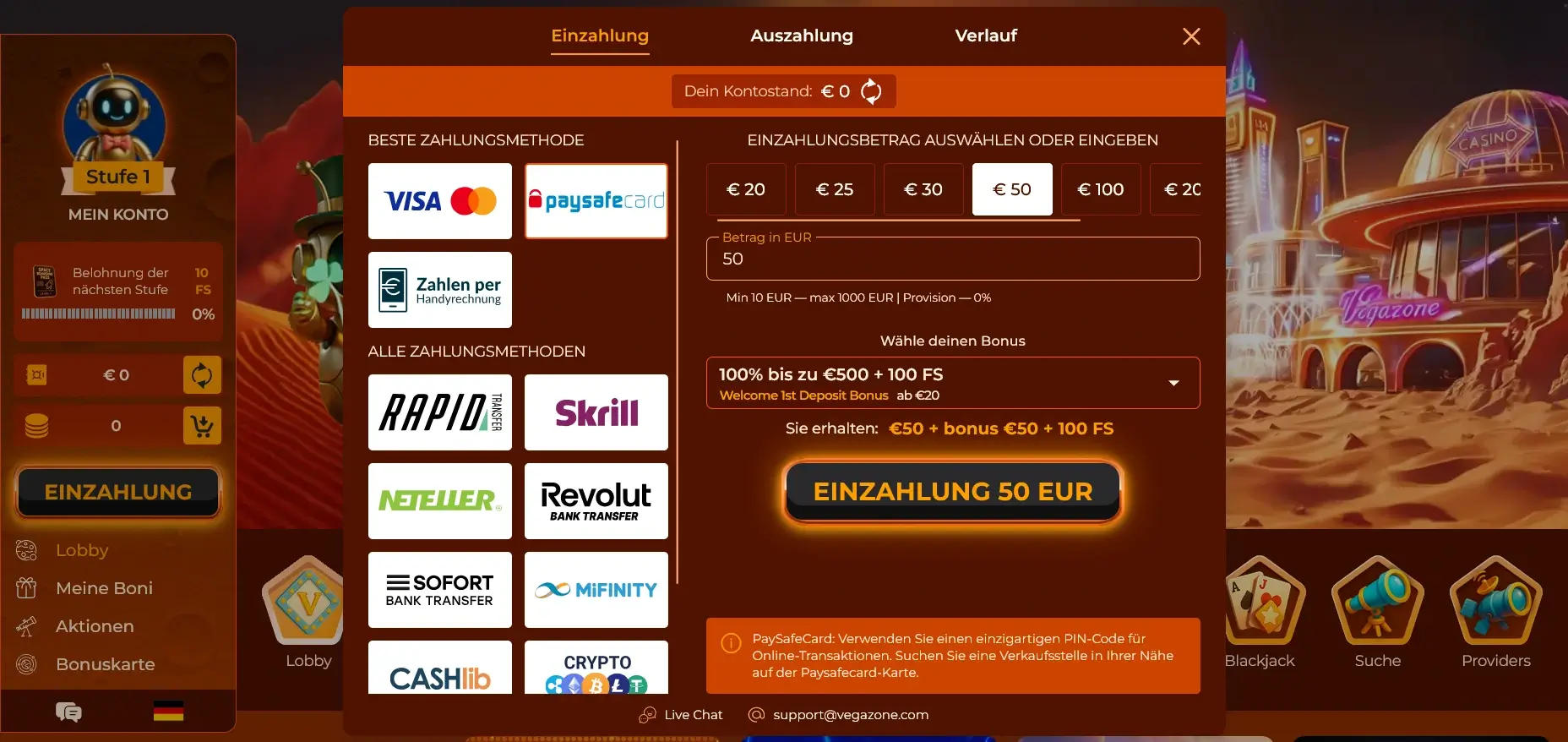 Paysafecard Einzahlung im Vegazone Casino