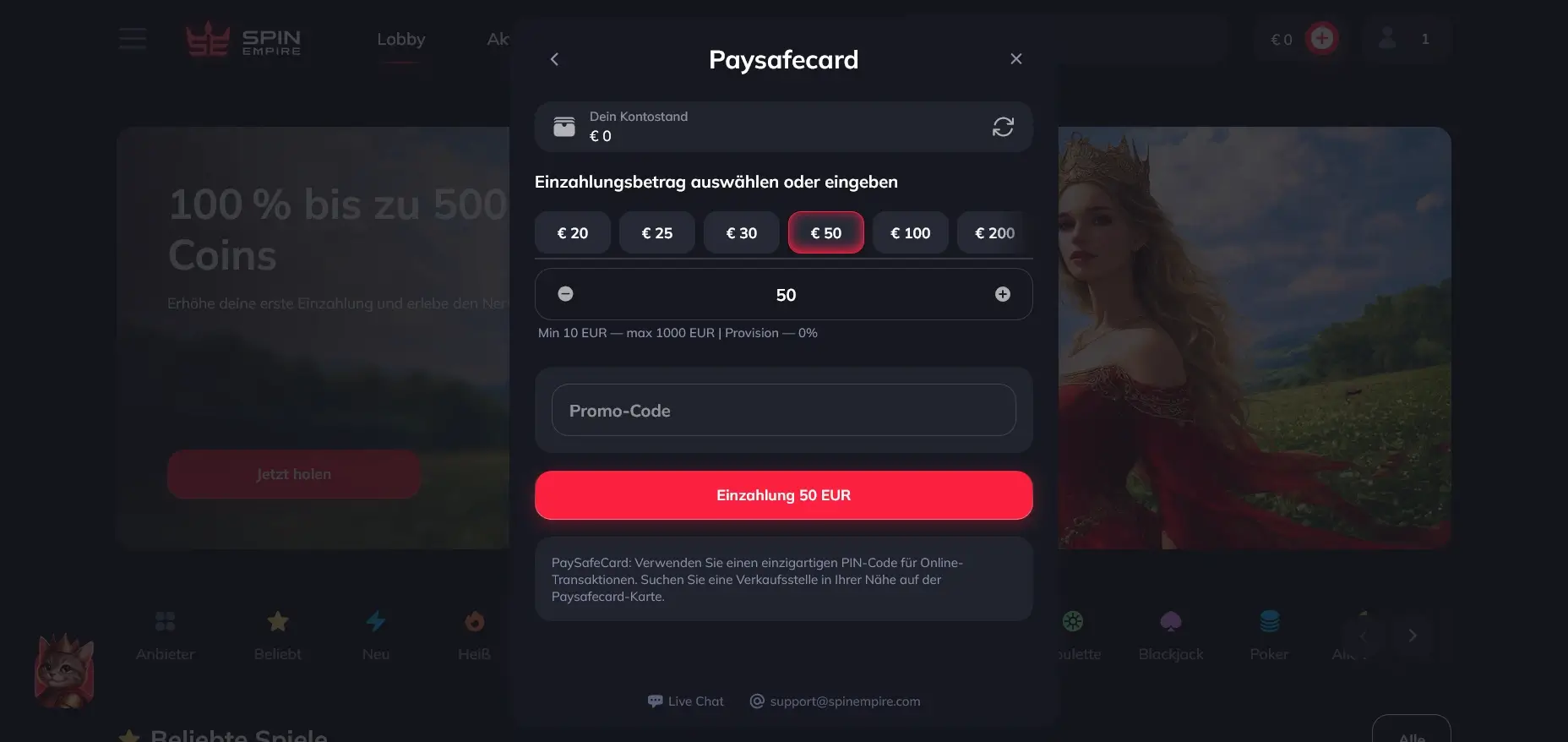 Paysafecard Casino Einzahlung bei Spin Empire