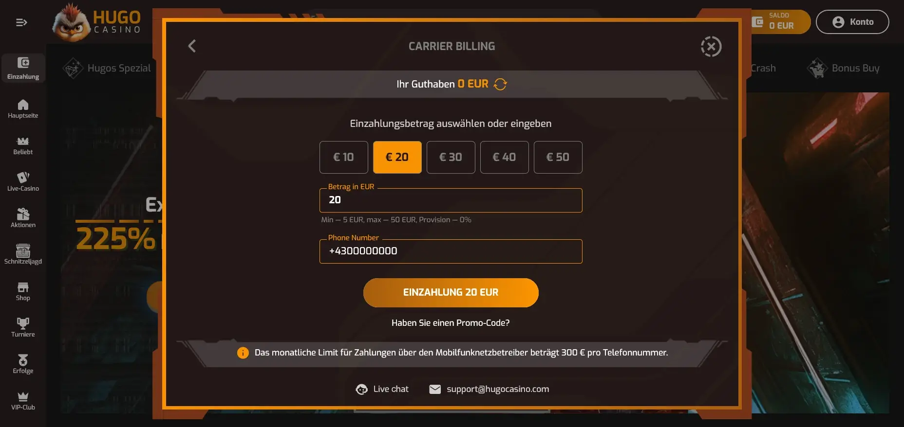 A1 Zahlung im Hugo Casino