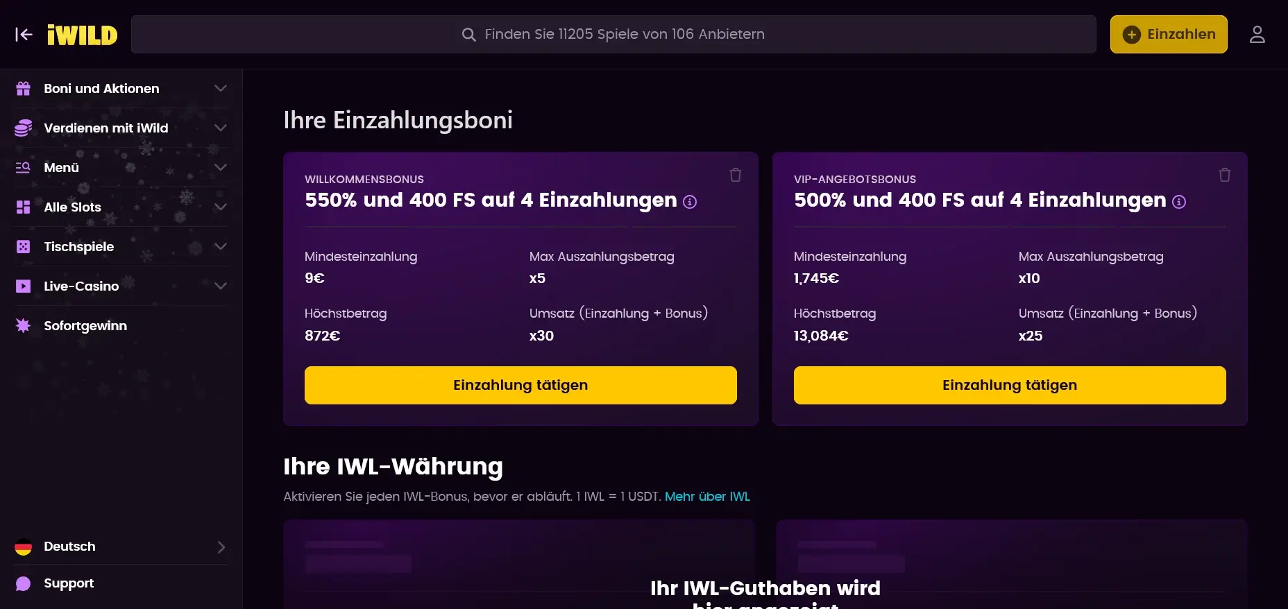 400 % Casino-Bonus Einzahlung im iWild Casino