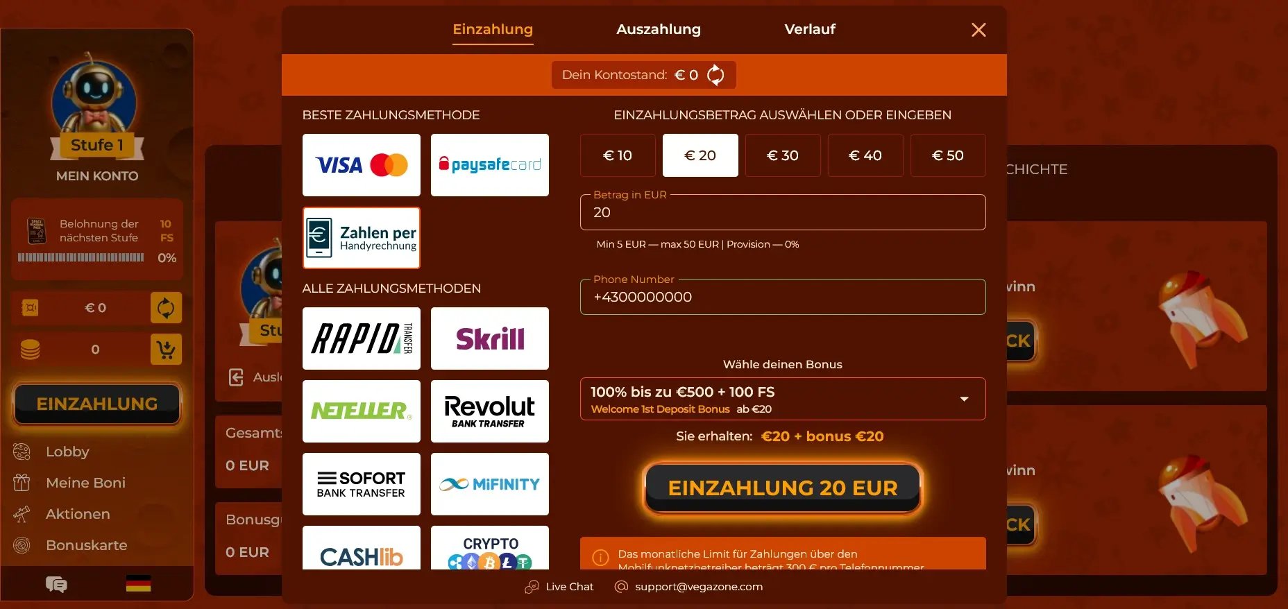 A1 Einzahlung im Vegazone Casino