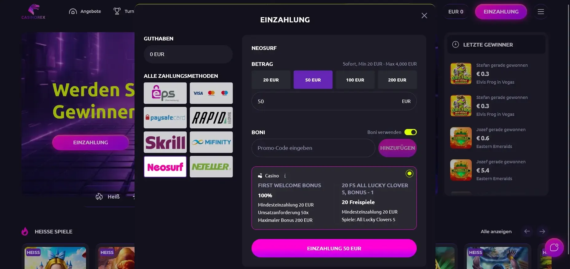 CasinoRex Neosurf-Casino Kasse