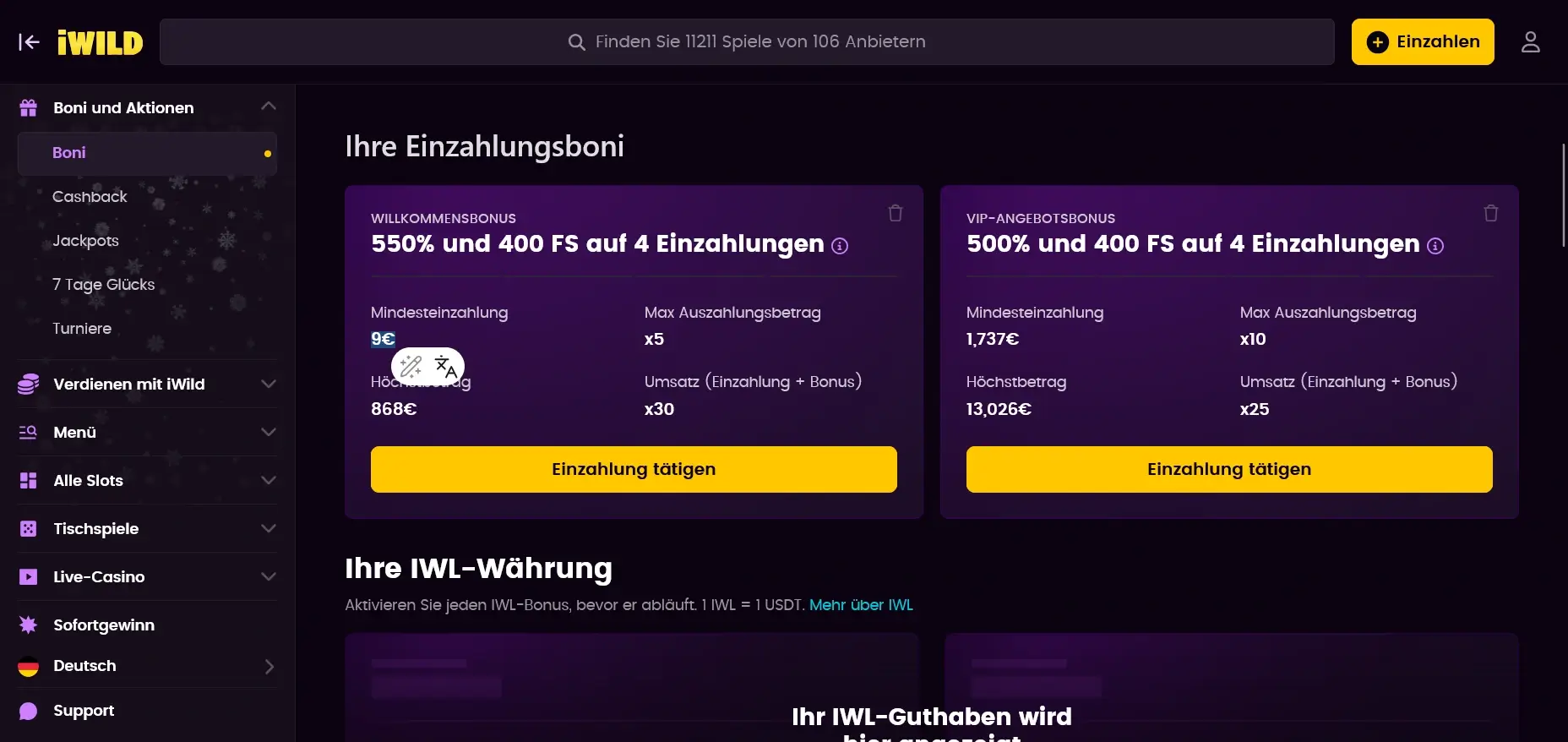 iWild Angebot 300 Prozent Casino Bonus