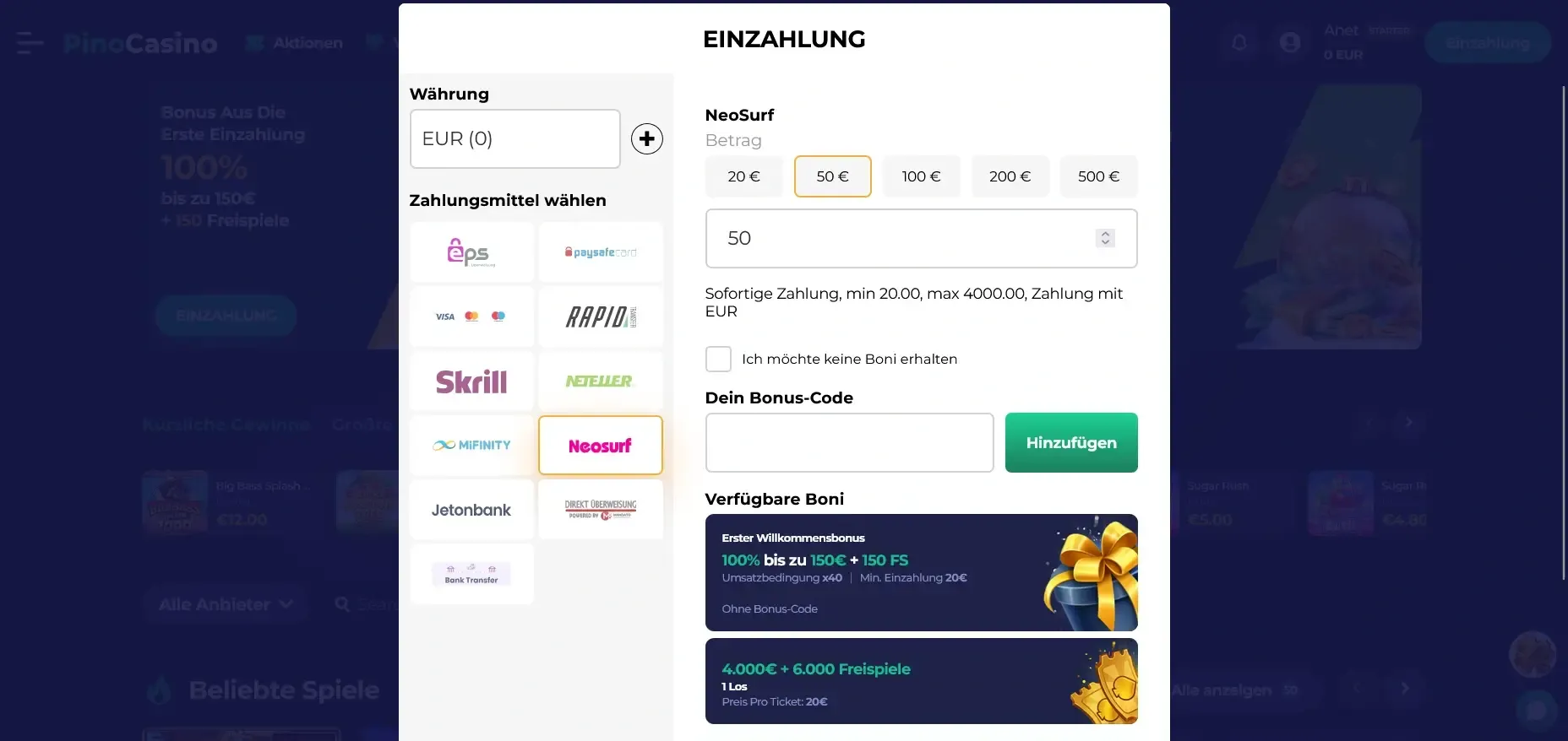 PinoCasino Neosurf-Casino Bonus