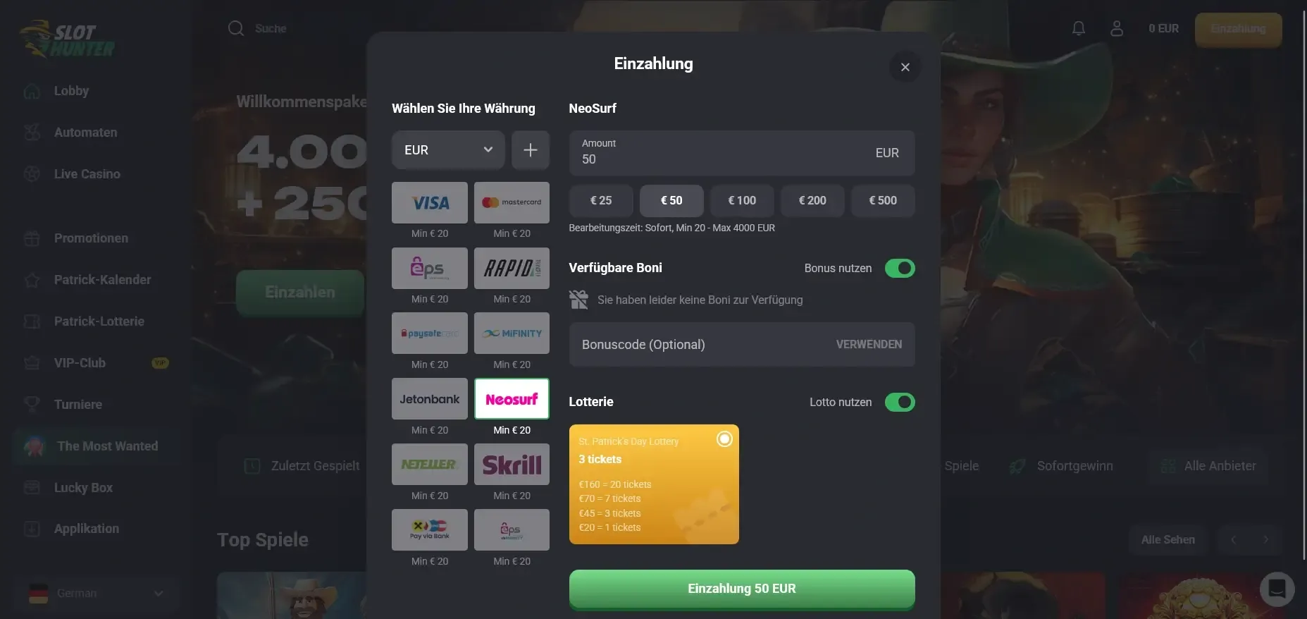 SlotHunter Neosurf-Casino Bereich