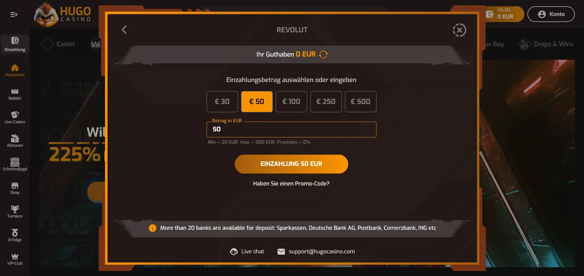 Revolut Einzahlung im Hugo Casino