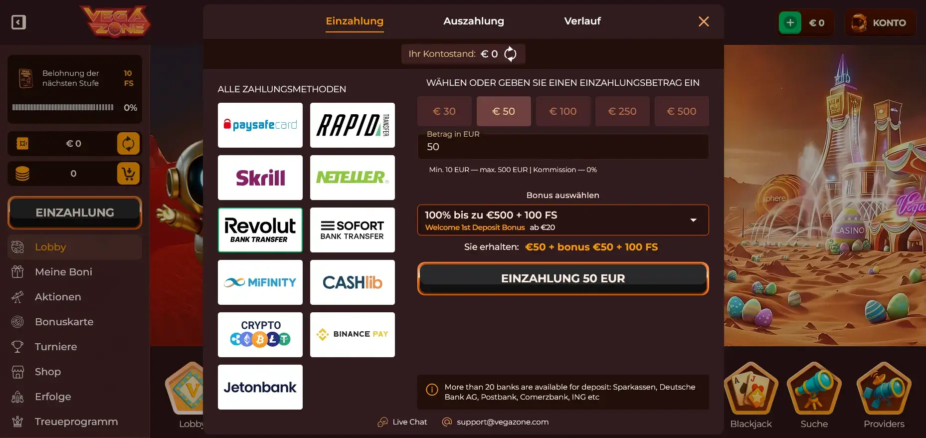 Revolut Einzahlung im Vegazone Casino